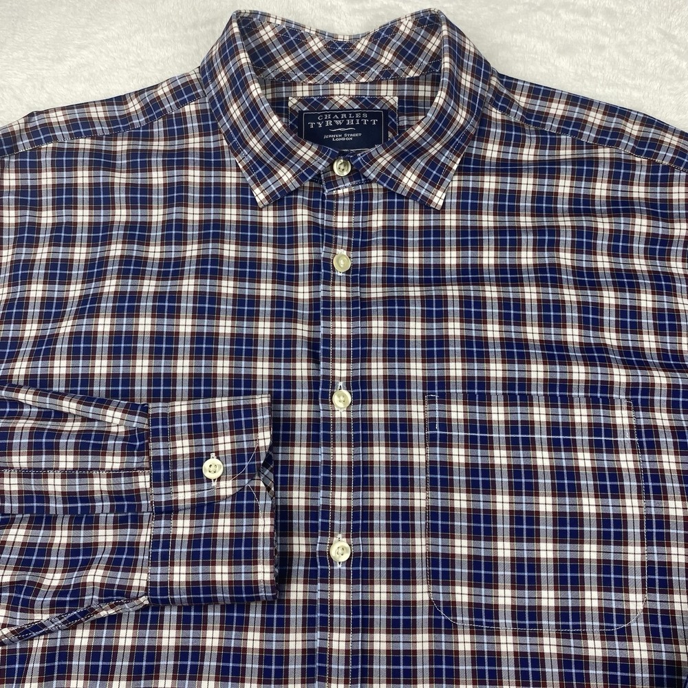Charles Tyrwhit Shirt Mens XL Blue/Burgundy Plaid Long Sleeves